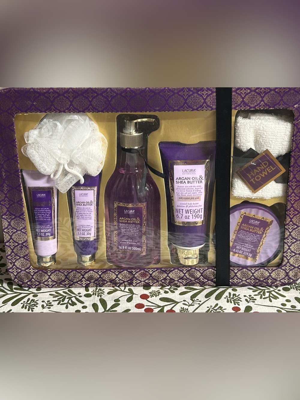 Lacura Argan Oil Body Wash Set Botanical luxury 7Pc Gift box loofah cloth Scrub
